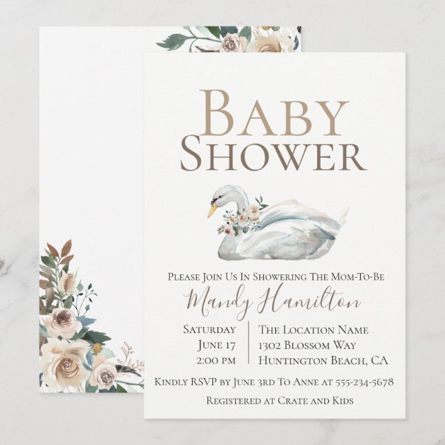 Invitation Baby shower neutre floral de cygne élég (Devant / Derrière)