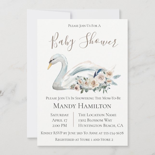 Invitation Baby shower neutre floral du cygne (Devant)