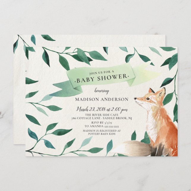 Invitation Baby shower Neutre Fox Woodland (Devant / Derrière)