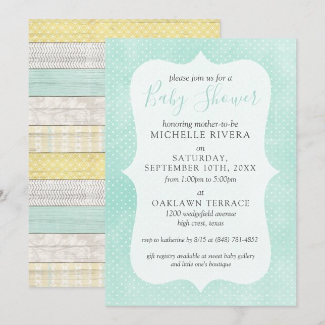 Invitation Baby shower neutre genre Mint Jaune Bois rustique (Devant / Derrière)