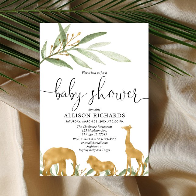 Invitation baby shower neutre genre, safari en or (Créateur téléchargé)