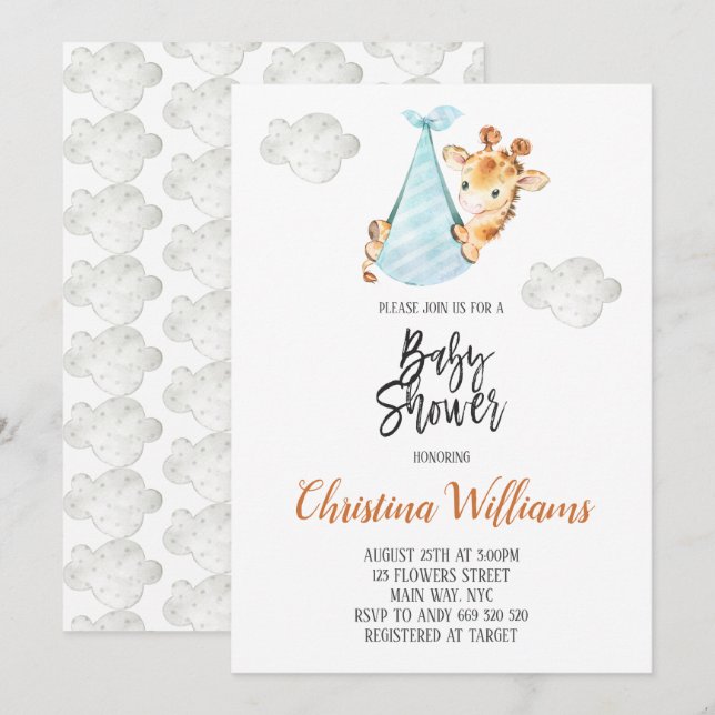 Invitation Baby shower neutre Giraffe Cub minimal Cute (Devant / Derrière)