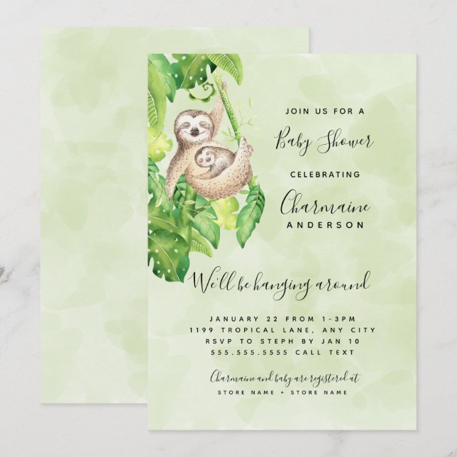Invitation Baby shower neutre Maman et Baby Sloth (Devant / Derrière)