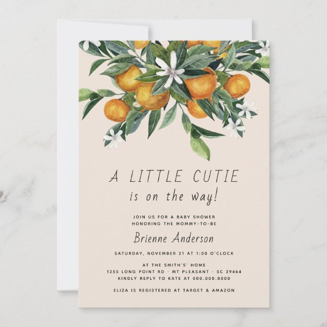 Invitation Baby shower neutre orange de Little Cutie Citrus (Devant)