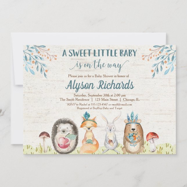 Invitation Baby shower neutre pour les animaux des bois (Devant)