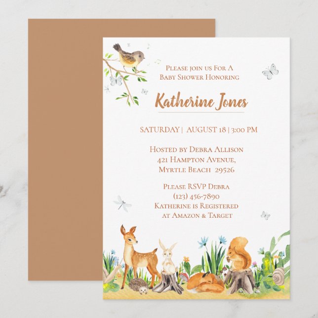 Invitation Baby shower neutre pour les animaux des bois (Devant / Derrière)