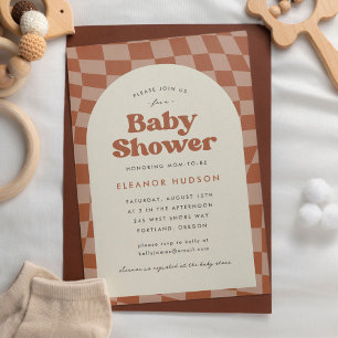 Invitation Baby Shower Neutre Rétro Groovy 70s Damier