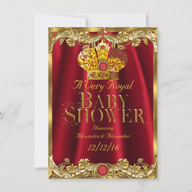 Invitation Baby shower neutre Royal Red Gem Gold Crown 2 (Devant)