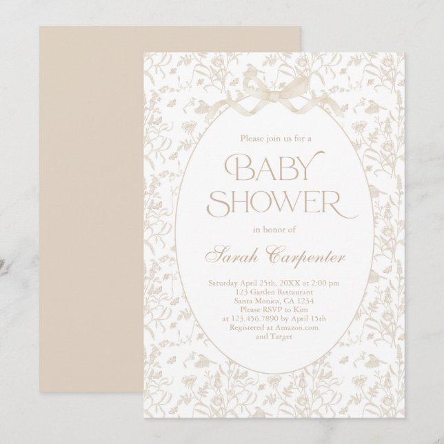 Invitation Baby shower neutre Toile De Jouy Bow (Devant / Derrière)