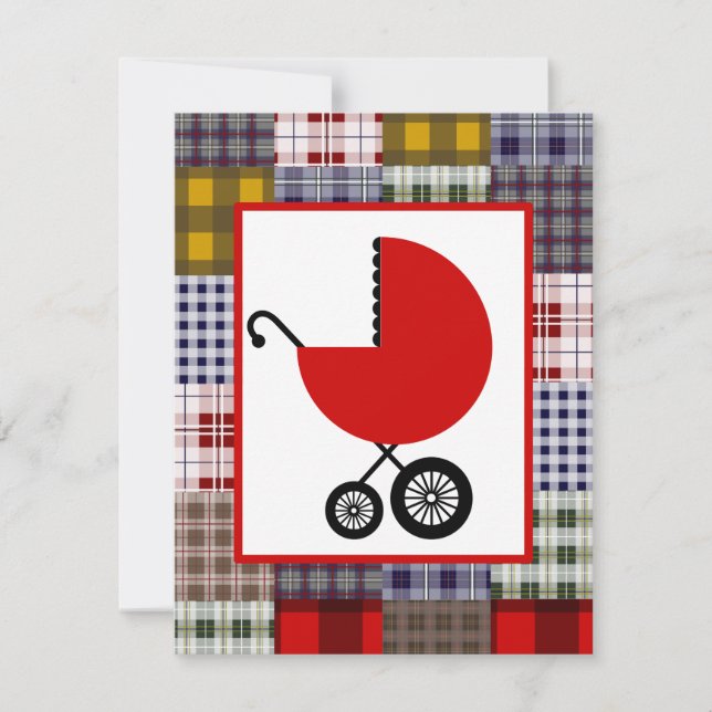 Invitation Baby shower neutre - Transport rouge et plaid (Devant)