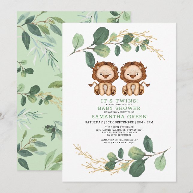 Invitation Baby shower Neutre Twin Lion Verdure Gold Jungle (Devant / Derrière)