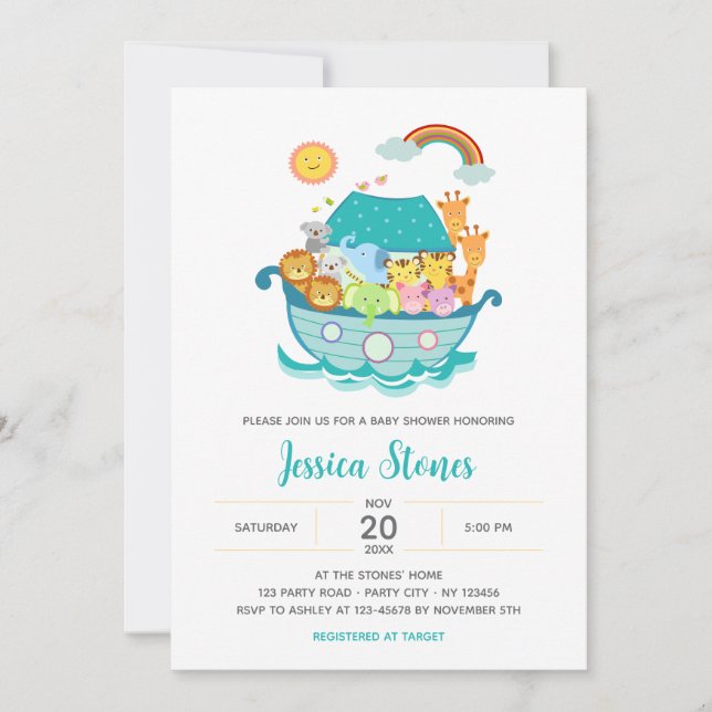 Invitation Baby shower Noah's Ark Cute / Baptême (Devant)