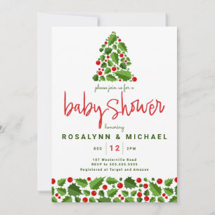 Invitation Baby shower Noël Holiday Holly Floral