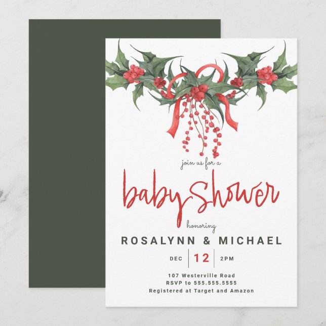 Invitation Baby shower | Noël Holiday Holly Floral Invit (Devant / Derrière)