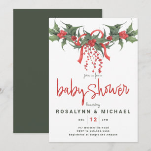 Invitation Baby shower Noël Holiday Holly Floral Invit