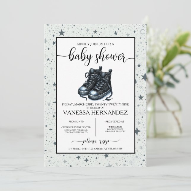 Invitation Baby shower noir bébé haut-dessus (Debout devant)