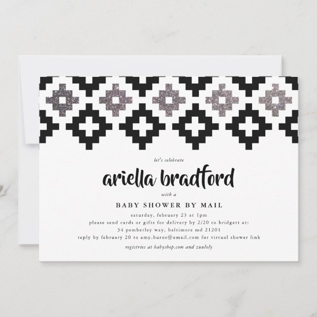 Invitation Baby shower noir blanc en argent Boho Aztec (Devant)