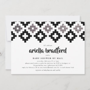 Invitation Baby shower noir blanc en argent Boho Aztec