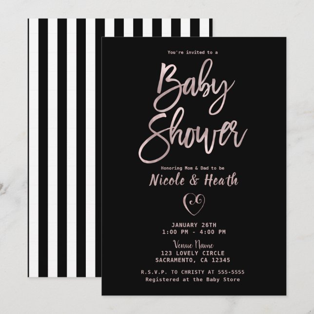 Invitation Baby shower noir blanc Rose or rose (Devant / Derrière)
