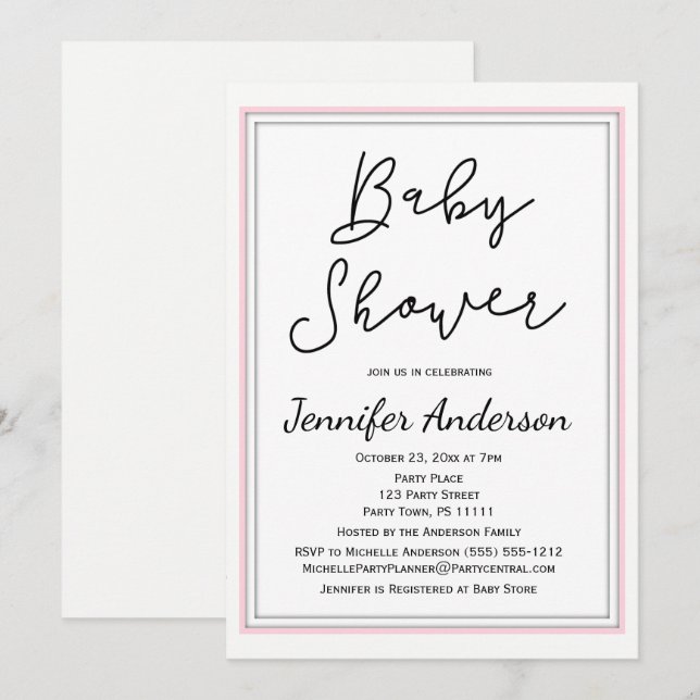 Invitation Baby shower noir blanc rose simple et propre (Devant / Derrière)