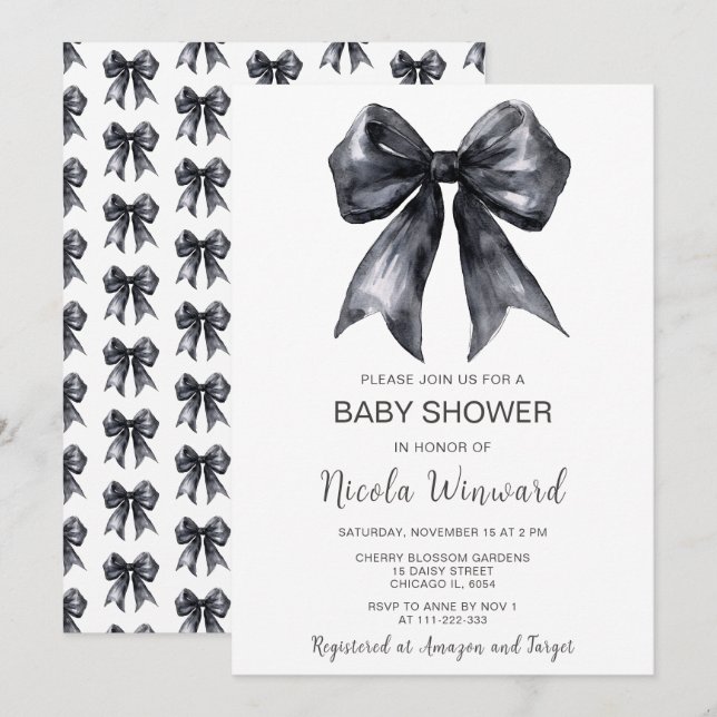 Invitation Baby shower noir Coquette Bow (Devant / Derrière)