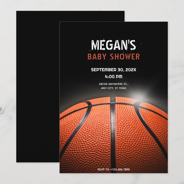 Invitation Baby shower noir de basket-ball, (Devant / Derrière)