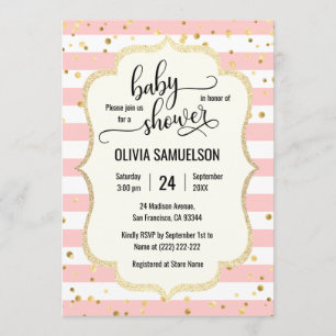 Invitation Baby shower noir doré à bandes blanches roses