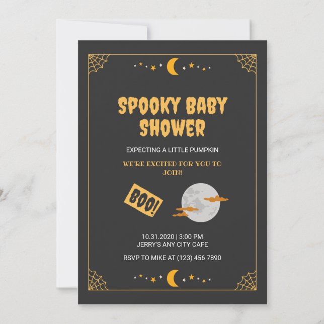 Invitation Baby shower noir Éffrayant Halloween Little Boo (Devant)