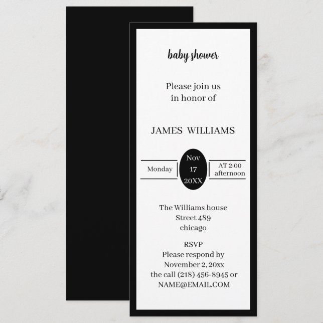 Invitation Baby shower Noir Et Blanc Simple Personnalisé (Devant / Derrière)