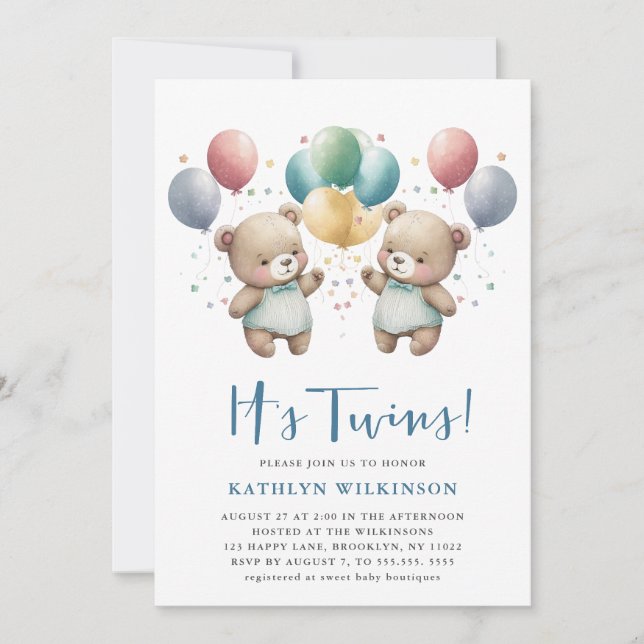 Invitation BABY SHOWER Nounours DES Ballons Bleus DOUCES (Devant)