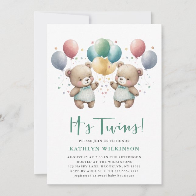 Invitation BABY SHOWER Nounours DES Ballons verts DOUCES (Devant)