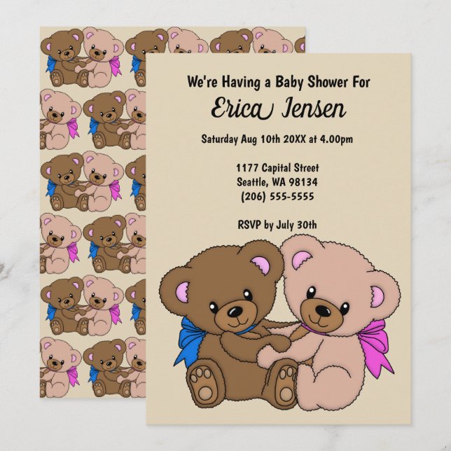 Invitation Baby shower nounours et Motif (Devant / Derrière)