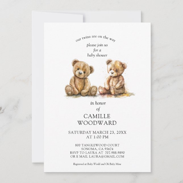 Invitation Baby shower Nounours Twins (Devant)