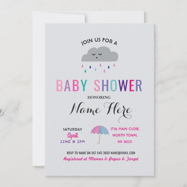 Invitation Baby shower Nuage Saupoudrer pluie rose parapluie  (Devant)