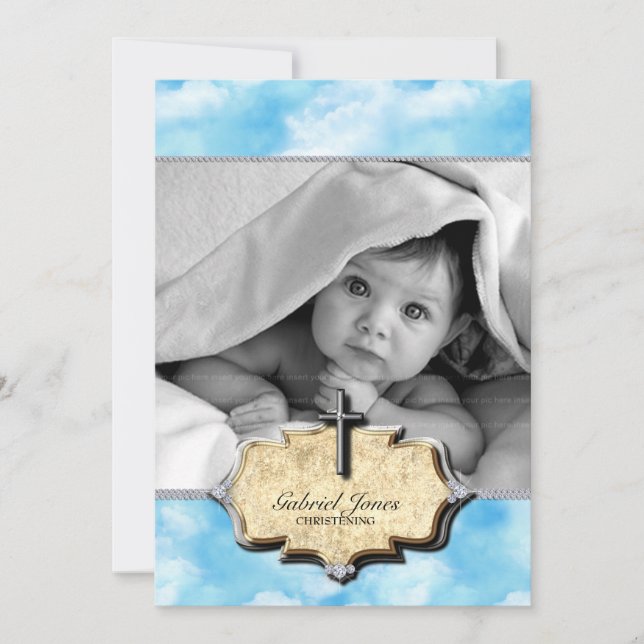 Invitation Baby shower nuages, fête du baptême (Devant)