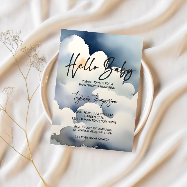 Invitation Baby shower nuages gris baby shower nuage (Cloud baby shower editable template invitation digital download watercolor clouds modern casual font)