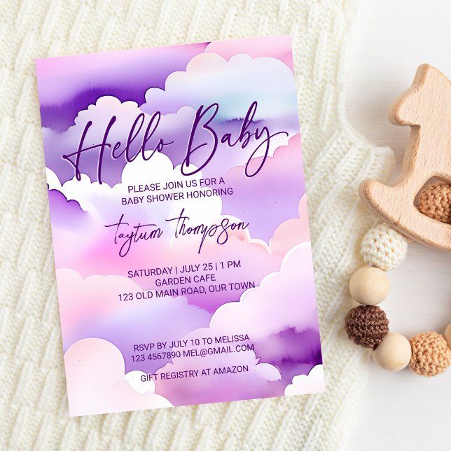 Invitation Baby shower nuages violets baby shower nuage (Cloud baby shower purple clouds baby shower editable template invitation digital download hello baby)