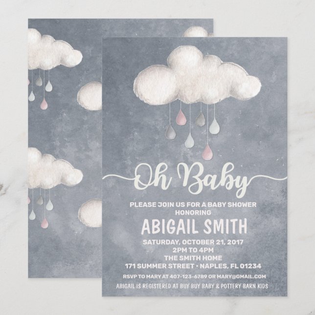 Invitation Baby shower nuageux Raindrop Love (Devant / Derrière)