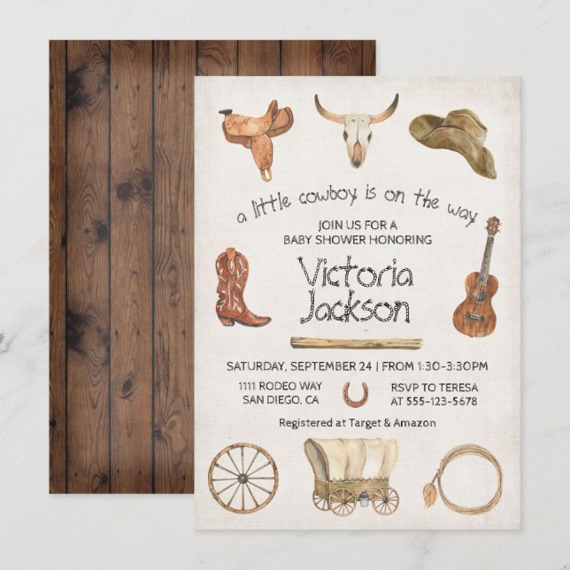 Invitation Baby shower occidental rustique Cowboy (Devant / Derrière)