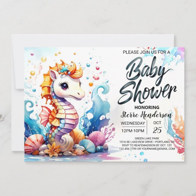 Invitation Baby shower océanique Seahorse Splash (Devant)