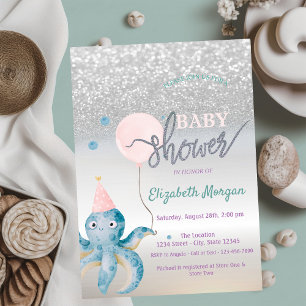 Invitation Baby shower Octopus Balloon Argent Bokeh