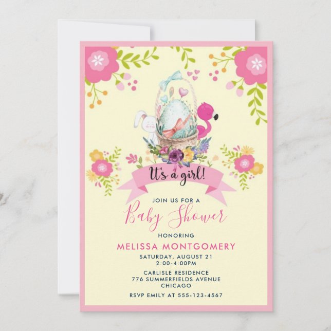 Invitation Baby shower Oeuf, Flamant rose, Lapin et Fleurs (Devant)