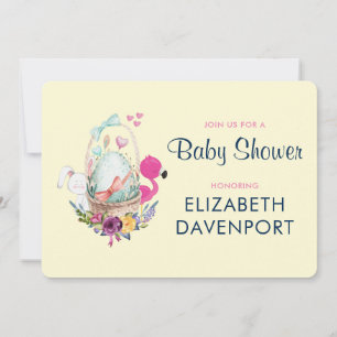 Invitation Baby shower OEuf nid avec Flamant rose et lapin