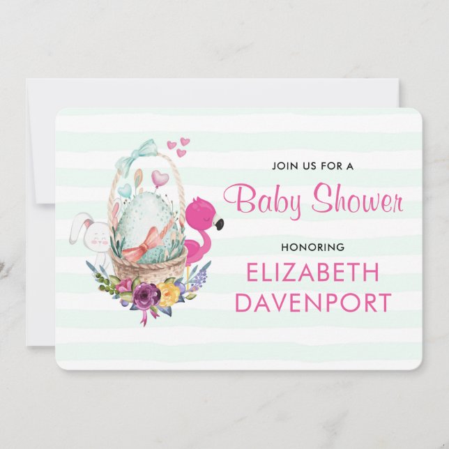 Invitation Baby shower OEuf nid avec Flamant rose et lapin (Devant)