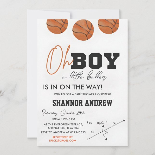 Invitation Baby shower Oh Boy Basketball Modifiable (Devant)