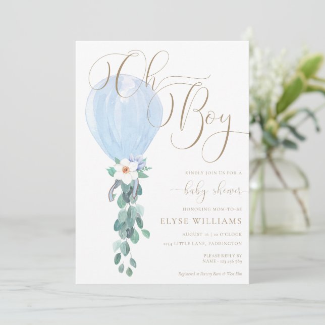 Invitation Baby shower Oh Boy Blue Balloon (Debout devant)