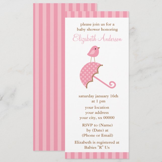 Invitation Baby shower Oiseau rose Parapluie Fille (Devant / Derrière)