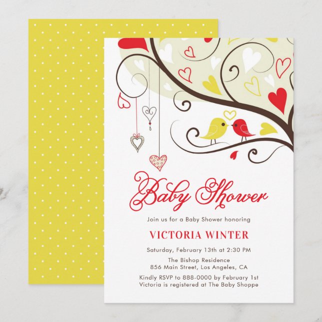 Invitation Baby shower Oiseaux et cordes jaunes et rouges (Devant / Derrière)