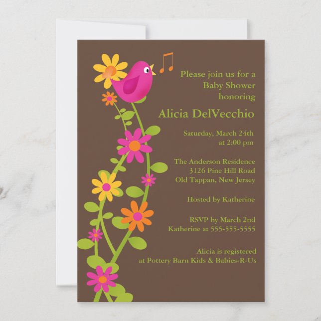 Invitation Baby shower Oiseaux et Fleurs tendance (Devant)