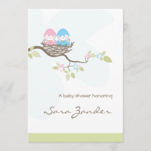 Invitation Baby shower - Oiseaux jumeaux roses et 